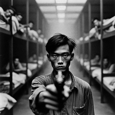 戴眼鏡的男子持槍對著鏡頭，身後是上下舖的寢室